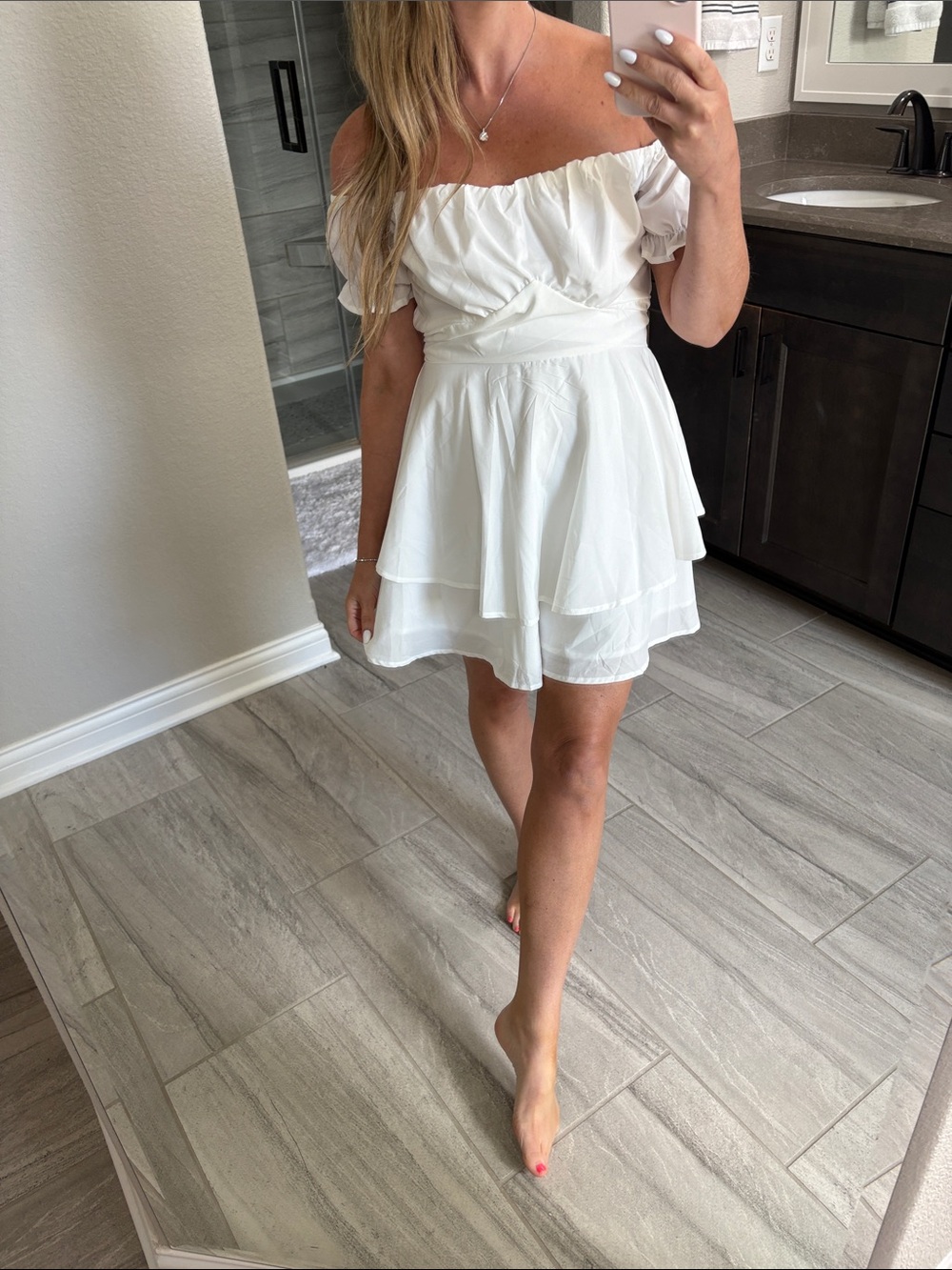 Off-Shoulder White Tiered Romper Dress